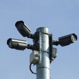 Słup z trzema kamerami CCTV zamontowanymi na różnych wysokościach, skierowanymi w różne strony, na tle błękitnego nieba.