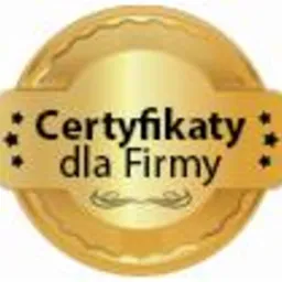 Złota okrągła pieczęć z napisem 'Certyfikaty dla Firmy' otoczona gwiazdkami i ornamentami.