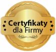 Złota okrągła pieczęć z napisem 'Certyfikaty dla Firmy' otoczona gwiazdkami i ornamentami.