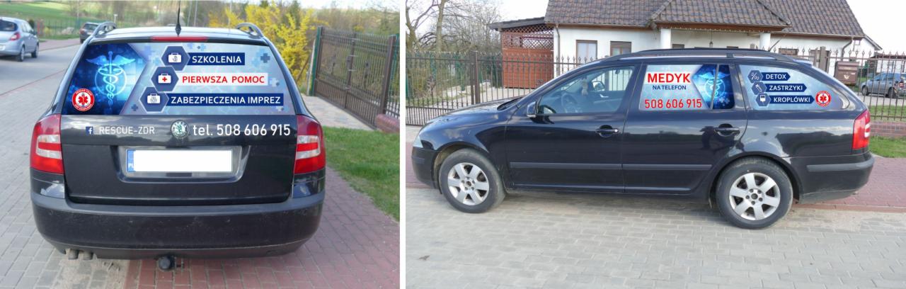 Projekty graficzne, oklejanie reklamy na samochodach - przykładowa praca dla Rescue z Czaplinka