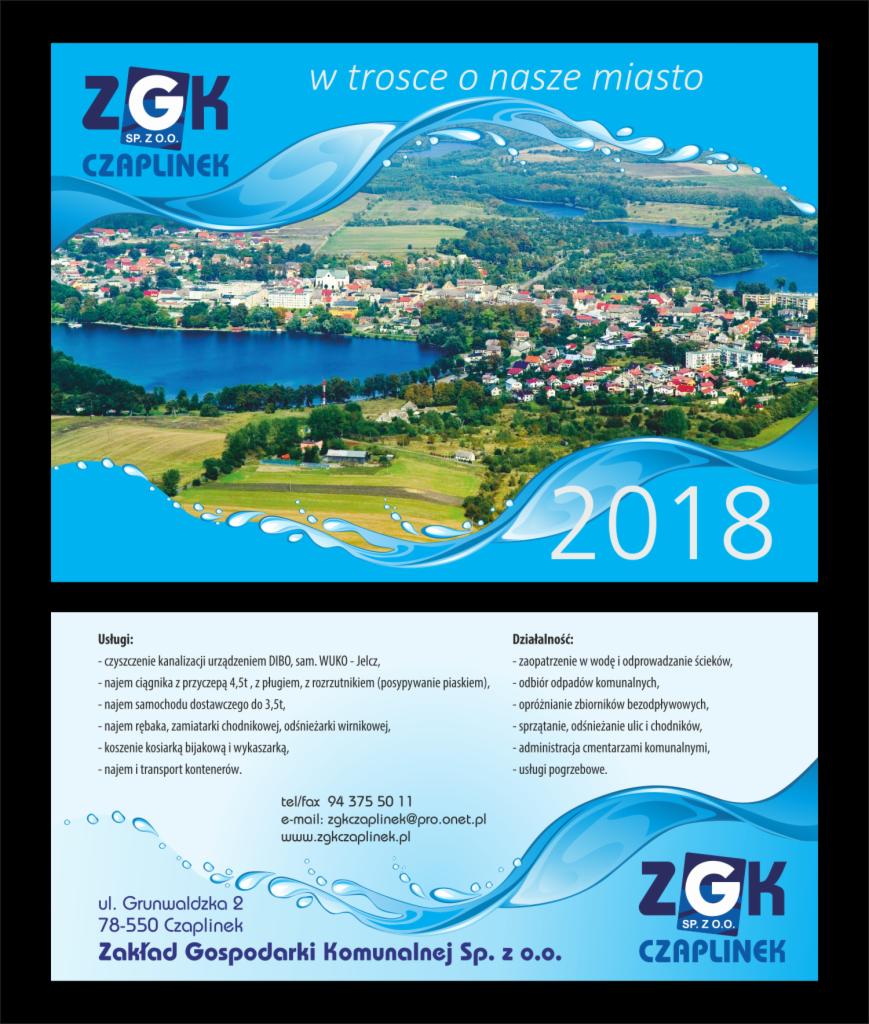 Projekt kalendarza firmowego Zakładu Gospodarki Komunalnej w Czaplinku na rok 2018, z widokiem na miasto i jezioro, logo firmy w górnym i dolnym rogu, oraz wykaz usług i działalności.