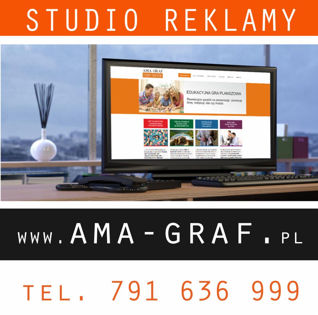 Monitor wyświetlający stronę internetową z hasłem 'Edukacyjna gra planszowa' i logo 'AMA-GRAF Studio Graficzne', na biurku z telefonem i dekoracją, w tle okno.