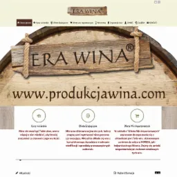 Strona internetowa poświęcona winu, z logo 'ERA WINA' umieszczonym na drewnianej beczce i adresem www.produkcjawina.com, prezentująca ofertę kursów winiarskich, enologicznych oraz win importowanych.