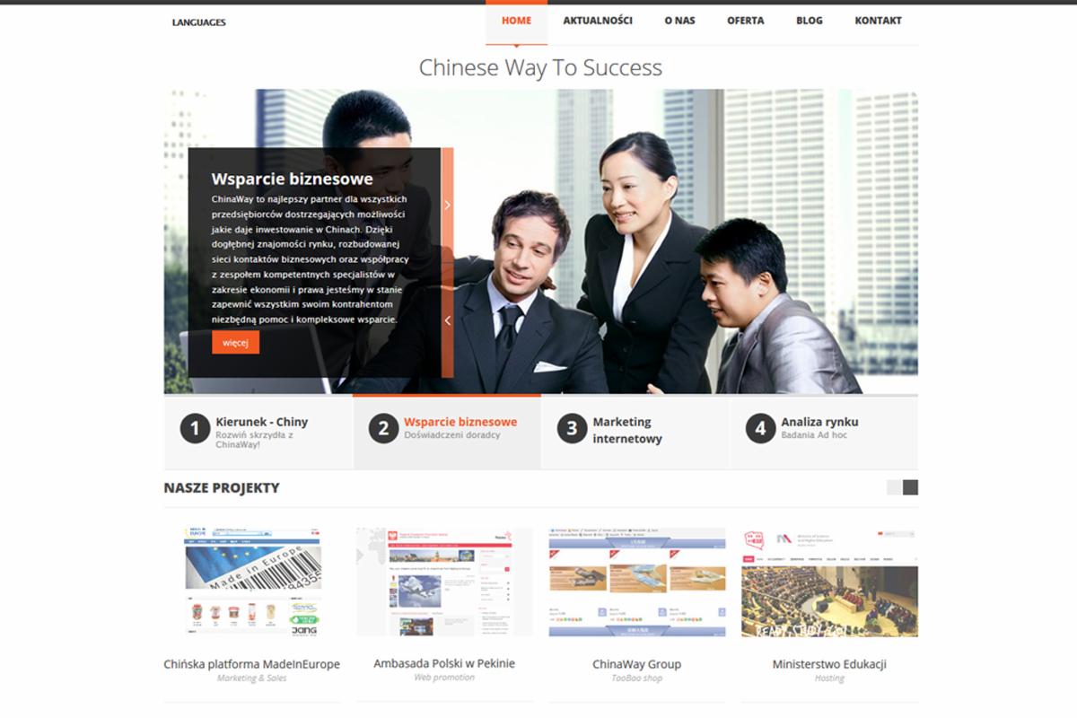 Fragment strony internetowej z nagłówkiem 'Chinese Way To Success', prezentujący zespół biznesowy i moduły wsparcia biznesowego oraz projekty zrealizowane dla klientów.