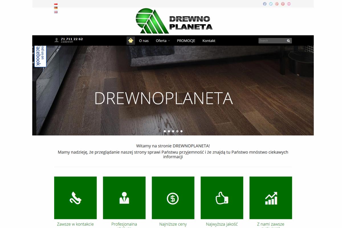Strona internetowa firmy Drewno Planeta prezentująca wysokiej jakości podłogi drewniane, z widocznym logo i menu nawigacyjnym.