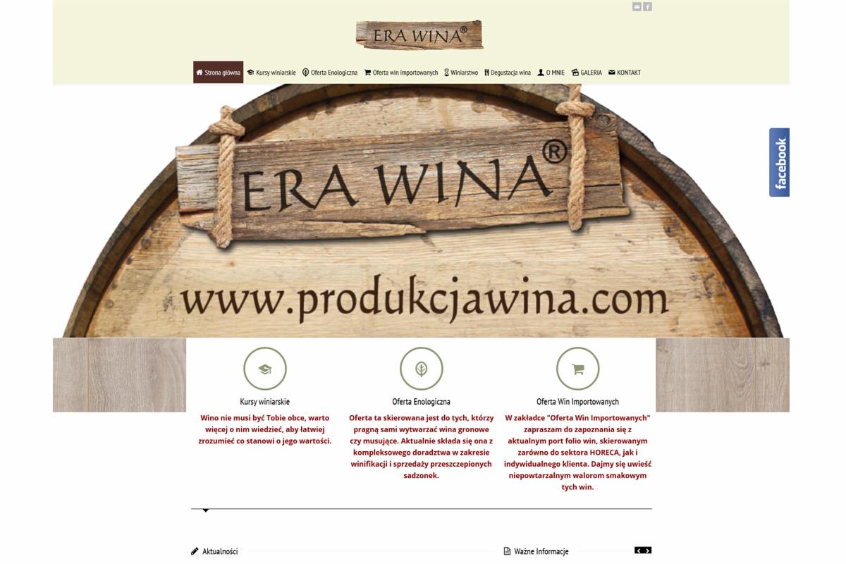 Strona internetowa poświęcona winu, z logo 'ERA WINA' umieszczonym na drewnianej beczce i adresem www.produkcjawina.com, prezentująca ofertę kursów winiarskich, enologicznych oraz win importowanych.