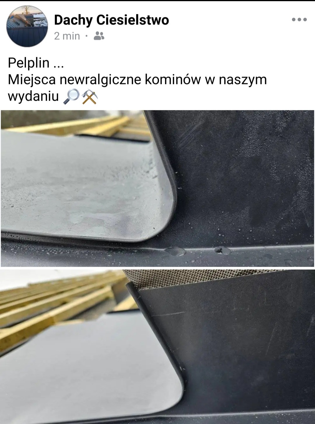 Szczegółowe ujęcie obróbek blacharskich komina na dachu w Pelplinie. Widoczne elementy uszczelniające i blacha. Precyzyjne wykonanie detali.