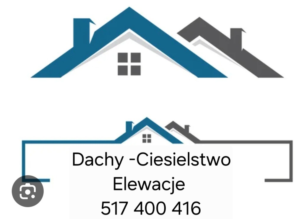 Grafika z dwoma stylizowanymi dachami w odcieniach niebieskiego i szarości, poniżej tekst: Dachy-Ciesielstwo Elewacje i numer telefonu. Minimalistyczny design.