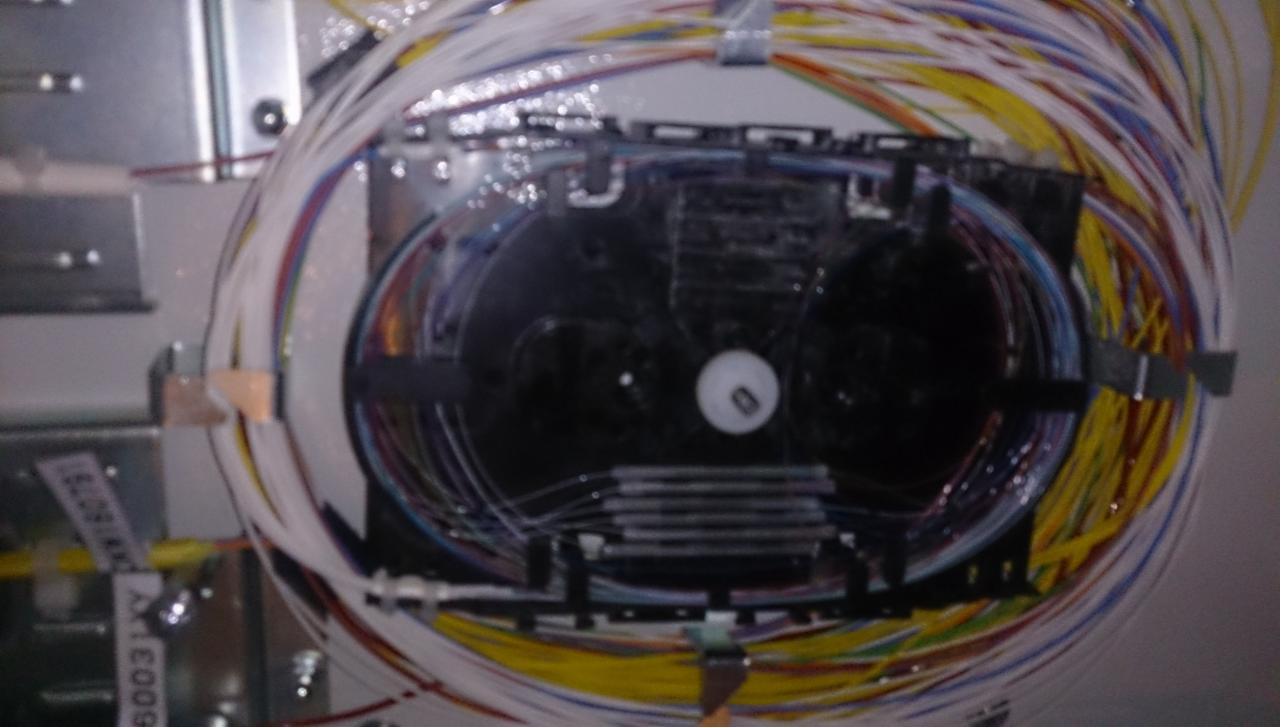 Zorganizowana wiązka kolorowych kabli światłowodowych wewnątrz panelu krosowniczego, widoczne złącza i oznaczenia kabli.