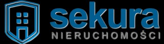 Logo firmy Sekura Nieruchomości, z niebieskim napisem i symbolem domu w tarczy.