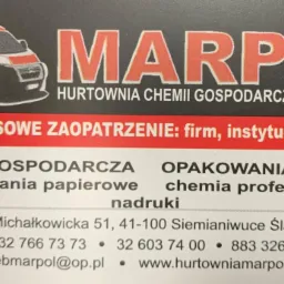 Wizytówka firmy Marpol, hurtowni chemii gospodarczej i opakowań, oferującej kompleksowe zaopatrzenie dla firm, instytucji i sklepów, z ilustracją pomarańczowego samochodu dostawczego.