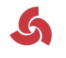 Czerwony, abstrakcyjny symbol wentylatora lub turbiny, składający się z trzech zakrzywionych elementów, na białym tle.