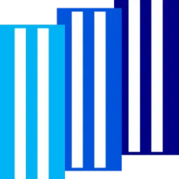 Trzy pionowe prostokąty z białymi paskami, w odcieniach niebieskiego, od jasnego po ciemny.