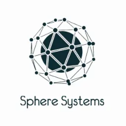 Logo firmy Sphere Systems przedstawiające ciemnogranatową sferę otoczoną siatką trójkątów i połączonych kropek, z nazwą firmy napisaną pod spodem ozdobną czcionką.