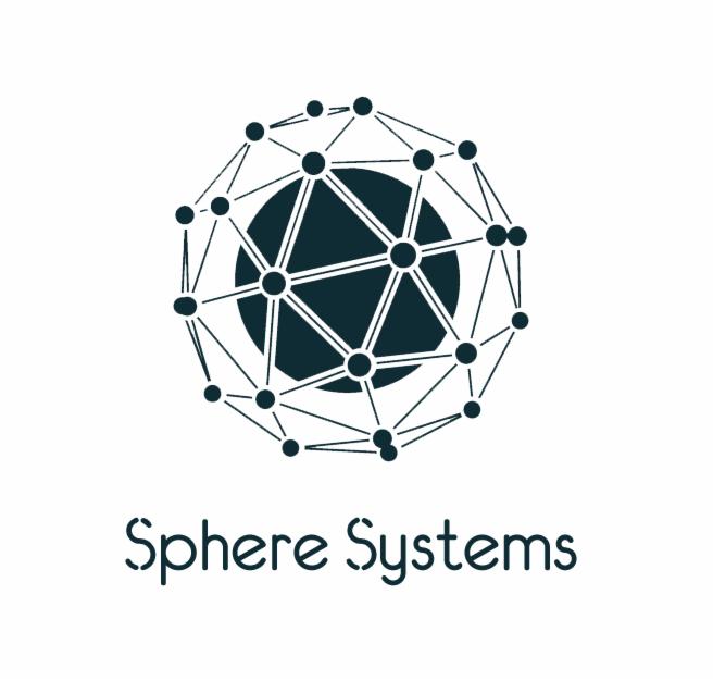 Logo firmy Sphere Systems przedstawiające ciemnogranatową sferę otoczoną siatką trójkątów i połączonych kropek, z nazwą firmy napisaną pod spodem ozdobną czcionką.