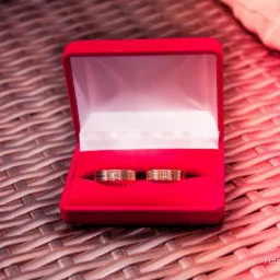 Dwa złote obrączki z delikatnym zdobieniem w czerwonym, aksamitnym pudełku na tle plecionego materiału.