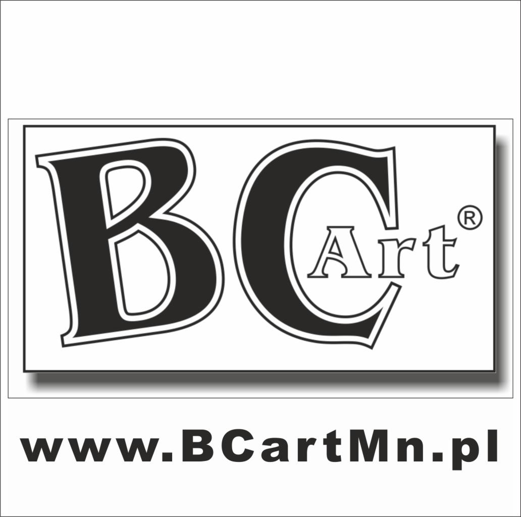 Logo firmy BC Art z adresem strony internetowej www.BCartMn.pl, czarne litery na białym tle, obramowane cienką czarną linią z efektem cienia.