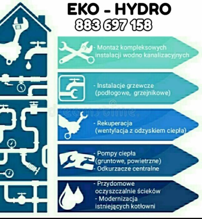 Grafika reklamowa firmy EKO-HYDRO z numerem telefonu, prezentująca zakres usług: instalacje wodno-kanalizacyjne, grzewcze, rekuperacja, pompy ciepła, odkurzacze centralne i przydomowe oczyszczalnie...
