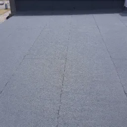 Płaski dach pokryty papą termozgrzewalną z widocznymi łączeniami, w tle zieleń drzew i pochmurne niebo.