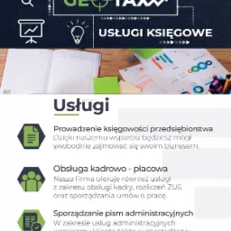 Reklama firmy księgowej Geo-Tax z elementami graficznymi, otwartym kalendarzem, dokumentami z wykresami i danymi finansowymi na biurku.