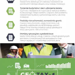 Grafika reklamowa firmy geodezyjnej Geo-Tax prezentująca usługi: sporządzanie map, tyczenie budynków, podziały nieruchomości, pomiary sytuacyjno-wysokościowe; w tle geodeci analizujący plan...