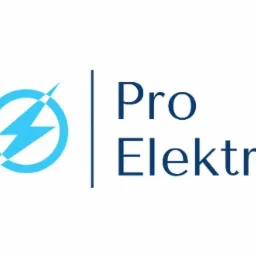 Niebieskie logo firmy 'Pro Elektra' z symbolem błyskawicy w okręgu, oddzielone pionową linią od nazwy firmy.