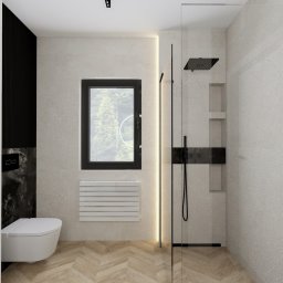 KartA Pracownia Projektowa Katarzyna Cimochowska - Nowoczesna łazienka z kabiną prysznicową typu walk-in z czarną armaturą, wiszącą toaletą i grzejnikiem drabinkowym pod oknem.