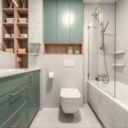 KartA Pracownia Projektowa Katarzyna Cimochowska - Stylowa łazienka w odcieniach szarości i zieleni. Umywalka z szafką, toaleta, wanna z parawanem, drewniane półki. Złote detale armatury i uchwytów.