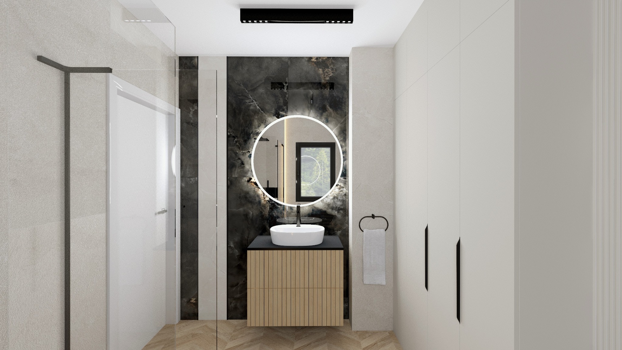 Nowoczesna łazienka z kabiną prysznicową, umywalką nablatową na szafce z lamelami, okrągłym lustrem podświetlanym LED i marmurową ścianą akcentową.