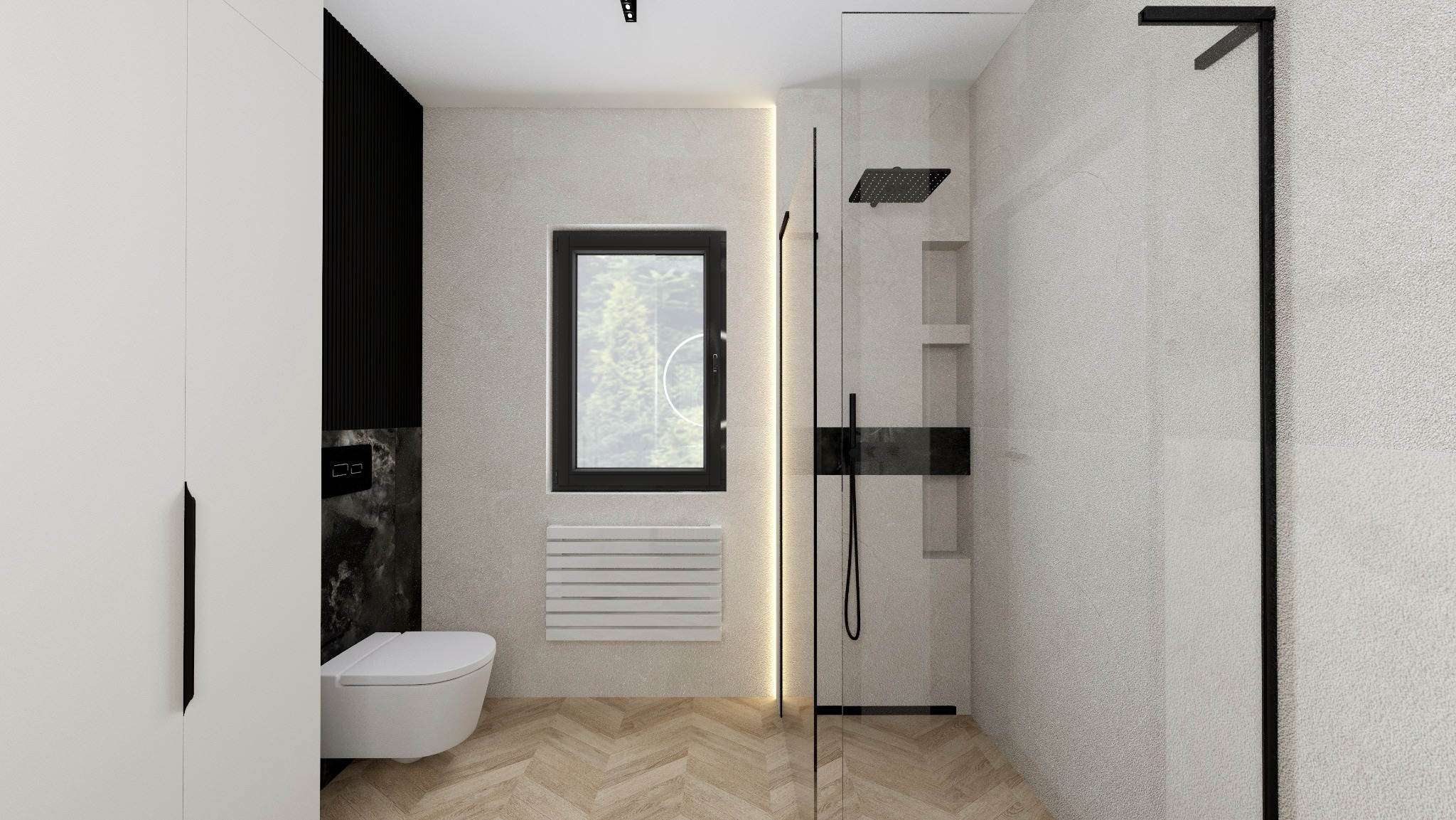 Nowoczesna łazienka z kabiną prysznicową typu walk-in z czarną armaturą, wiszącą toaletą i grzejnikiem drabinkowym pod oknem.