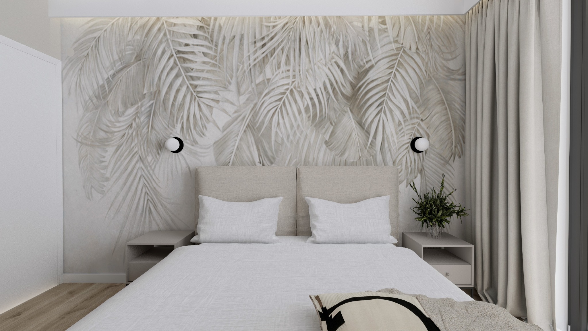 Jasna sypialnia z tapetą w liście palmowe, minimalistycznymi lampami ściennymi i beżową pościelą, podkreślona rośliną na stoliku nocnym.