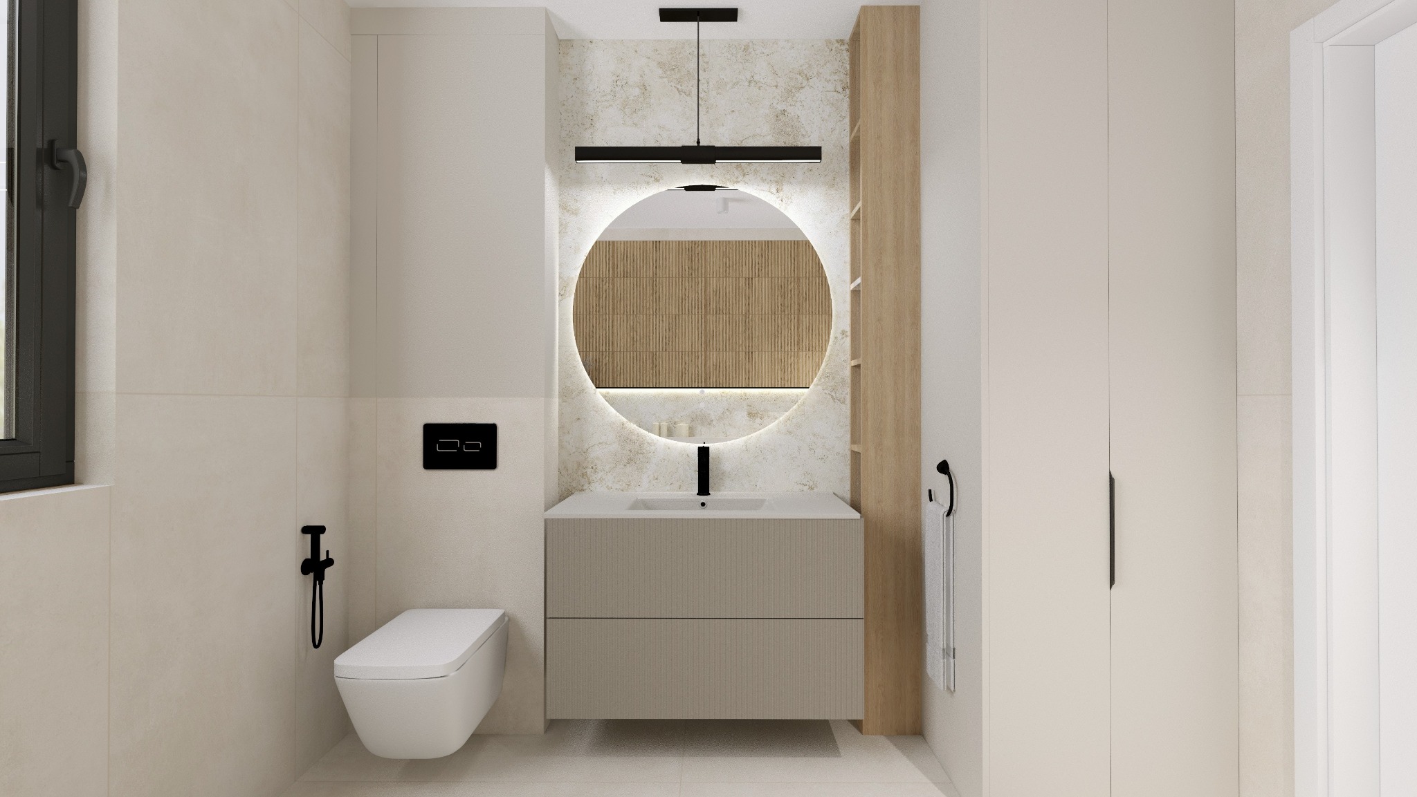 Nowoczesna łazienka w beżach z okrągłym lustrem podświetlanym LED, czarną armaturą i wiszącą toaletą z bidetką.