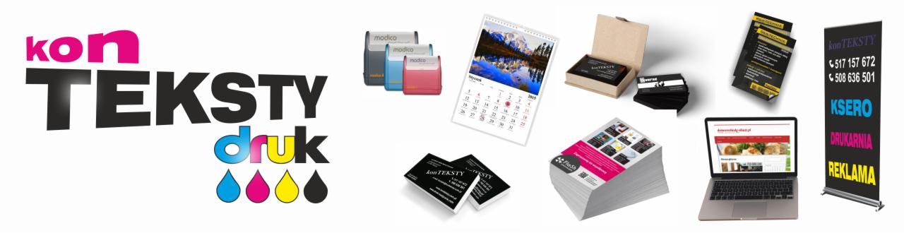 Zestawienie różnorodnych materiałów reklamowych i biurowych: wizytówki w drewnianym pudełku i luzem, kalendarz ścienny z górskim krajobrazem, ulotki, roll-up reklamowy, pieczątki i laptop...