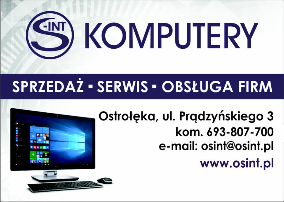 Reklama firmy komputerowej: logo S-INT Komputery, hasło 'Sprzedaż - Serwis - Obsługa Firm', adres, numer telefonu, e-mail, strona internetowa oraz zdjęcie komputera stacjonarnego z systemem Windows.