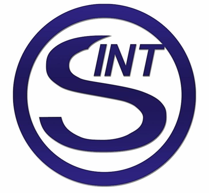 Niebieskie logo firmy INT w okręgu, na białym tle.