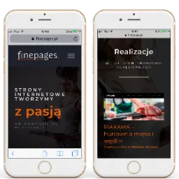 Dwa smartfony iPhone wyświetlają stronę internetową finepages.pl, jeden z hasłem 'Strony internetowe tworzymy z pasją', drugi z realizacją dla hurtowni mięsa Makama, branding, e-commerce, webdesign...