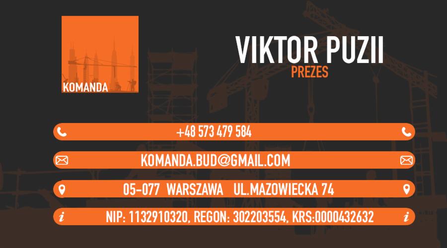 Wizytówka firmy budowlanej Komanda z Warszawy, dane kontaktowe, logo z motywem budowy drapaczy chmur i dźwigu.