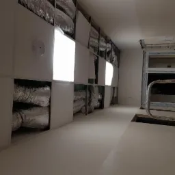 Poddasze po ociepleniu, z widocznymi kanałami wentylacyjnymi w srebrnej folii, ukrytymi za białymi płytami kartonowo-gipsowymi i oświetleniem LED, w tle okno i drabina.