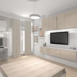 Wizualizacja pokoju z miejscem do pracy: biurko z komputerem i drukarką, szafki wiszące, telewizor na ścianie z cegły, kremowe meble i zasłony.