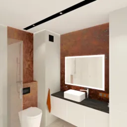 Wizualizacja nowoczesnej łazienki z kabiną prysznicową typu walk-in, umywalką nablatową na szafce z białymi frontami, podświetlanym lustrem i ścianą w odcieniach rdzy.