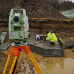 Praca na budowie: zielono-biały teodolit na pomarańczowym statywie ustawiony obok betonowego fundamentu z wystającymi prętami zbrojeniowymi, na którym pracuje osoba w żółtej kurtce, w tle hałda ziemi.