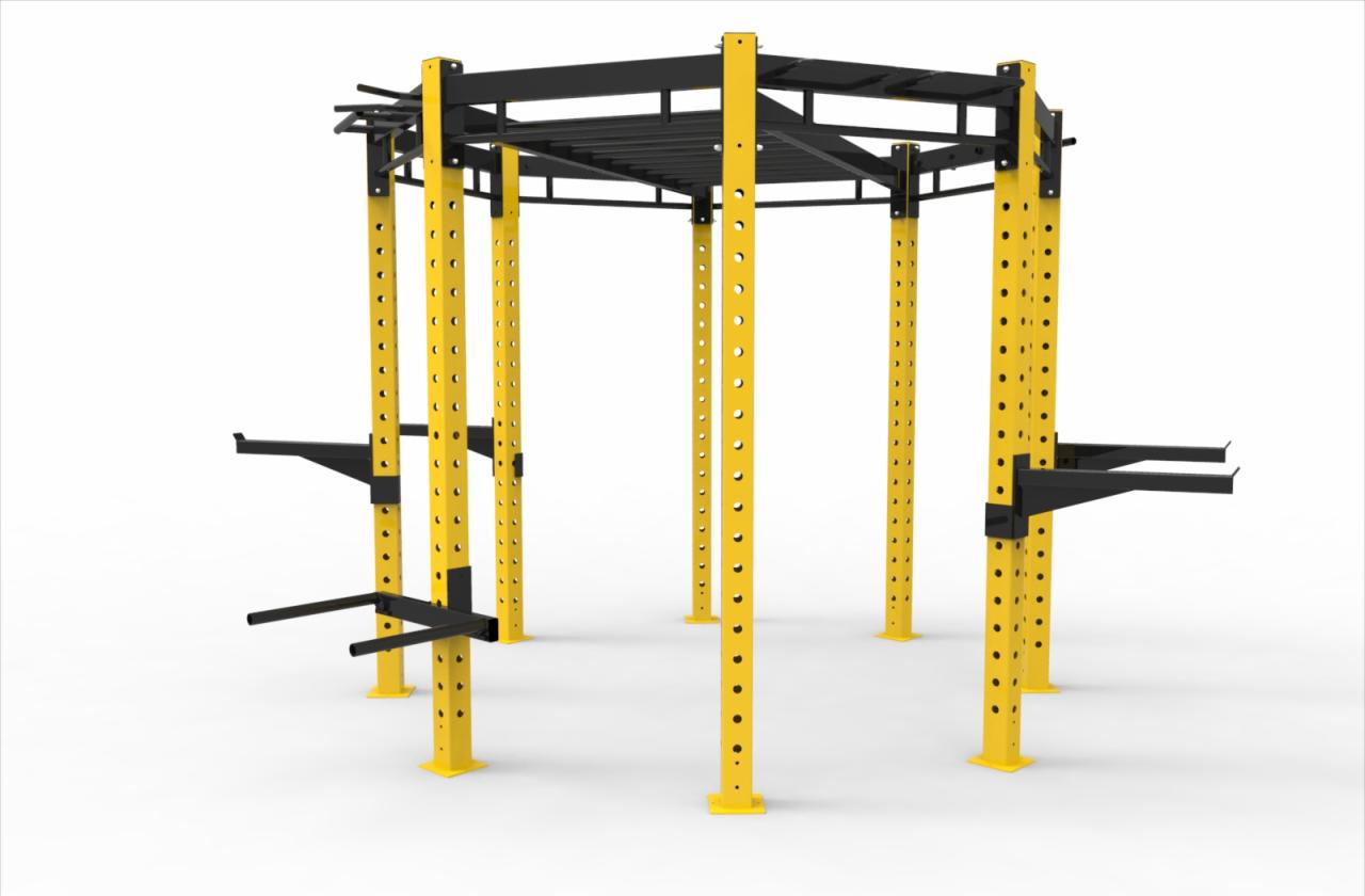 Wizualizacja 3D żółto-czarnej konstrukcji do ćwiczeń siłowych, z perforowanymi słupami i poziomymi uchwytami, na białym tle.