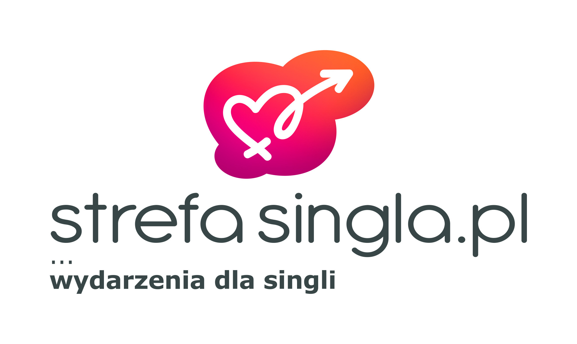 Logo 'strefa singla.pl' z gradientowym symbolem serca i strzałki, promujące wydarzenia dla singli.