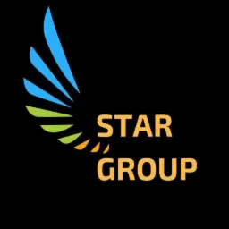 Logo firmy STAR GROUP z abstrakcyjnym symbolem skrzydła w odcieniach niebieskiego, zielonego i pomarańczowego na czarnym tle.