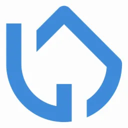 Niebieski, stylizowany symbol domu z elementami przypominającymi literę 'G', na białym tle.