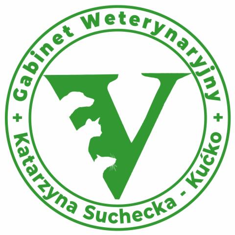 Zielone logo gabinetu z sylwetkami psa, kota i gryzonia w literze V, otoczone okręgiem z napisem Gabinet Weterynaryjny Katarzyna Suchecka-Kućko.