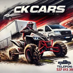Grafika reklamowa z motywem transportu pojazdów: quad, samochód dostawczy, laweta, pickup, z logo 'CK CARS' i numerem telefonu.