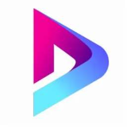 Abstrakcyjne logo w kształcie litery D, gradient kolorów od różu do błękitu, na białym tle. Znak firmowy DKAmedia.