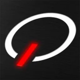 Stylizowane logo: biały okrąg przecięty ukośną, czerwoną kreską z efektem neonu na ciemnoszarym, szczotkowanym tle.