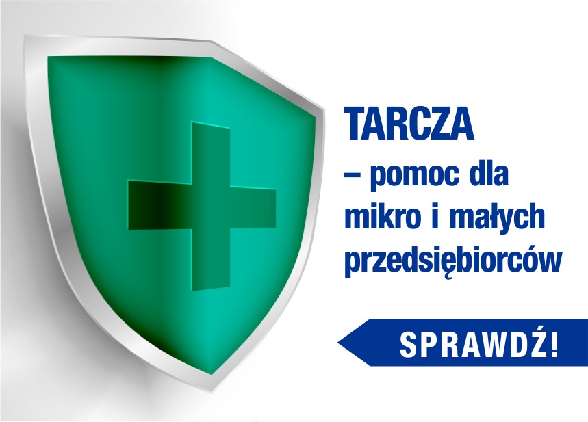 Grafika przedstawia zieloną tarczę z białym obramowaniem i zielonym krzyżem, obok napis 'TARCZA - pomoc dla mikro i małych przedsiębiorców' oraz strzałka z napisem 'SPRAWDŹ!'.